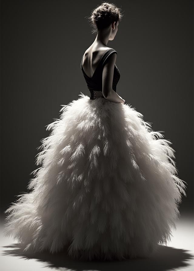 Ensemble du soir avec jupe en plumes d'autruche, collection Haute Couture.
