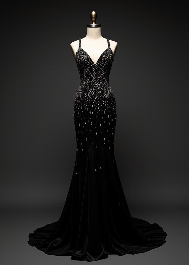 Robe de soirée en soie noire brodée de cristaux, collection Haute Couture.
