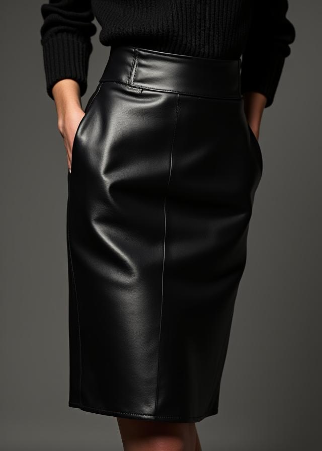 Jupe crayon en cuir souple noir.