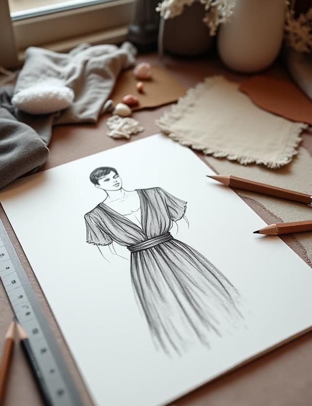 Un croquis de mode détaillé sur une table de travail dans l'atelier parisien d'Étoile Cuture, entouré d'échantillons de tissus.