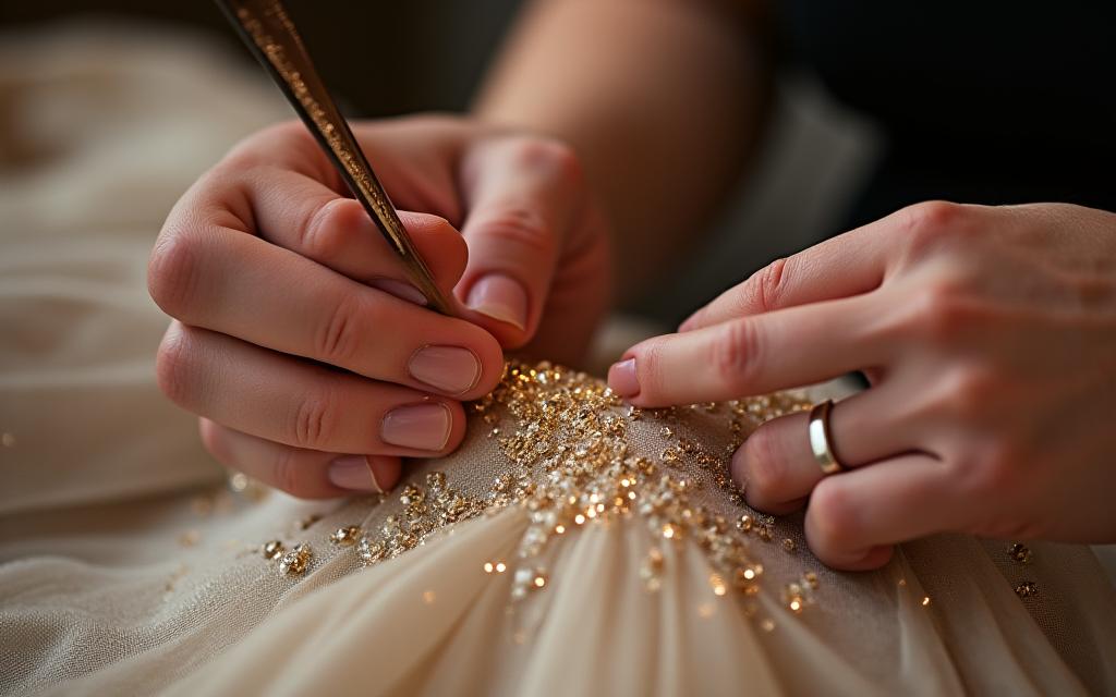 Les mains d'un artisan cousant délicatement des perles sur une robe de soirée.