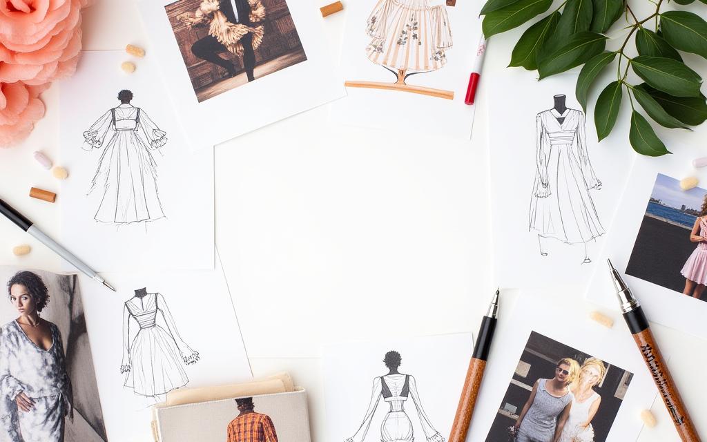 Une planche de tendance (moodboard) avec des croquis, des échantillons de tissus et des photos d'inspiration.