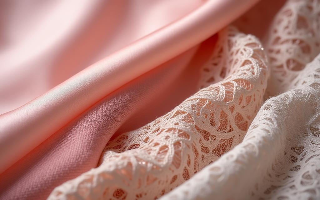 Gros plan sur une sélection de tissus luxueux : soie, satin, et dentelle.